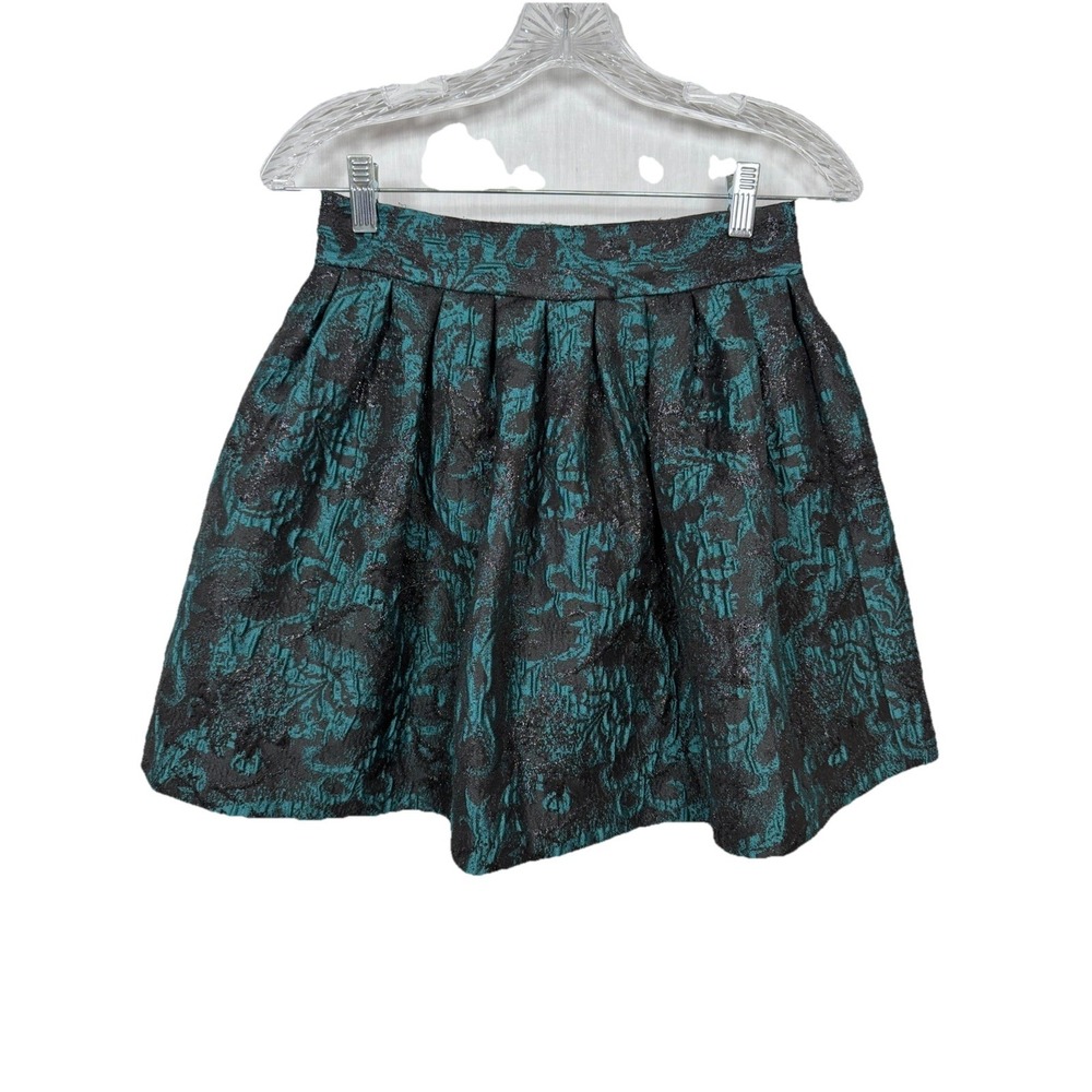 ALICE + OLIVIA Stora Mini Skirt Womens 2 Black‎ Teal Tinsel Brocade Pouf Party
